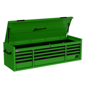Homak 02072120 72" RS Pro 12-Drawer Top Chest with Power Strip, 24" Deep - Monster Green angle view, till open