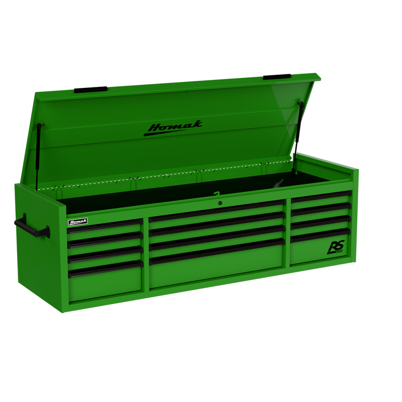 Homak 02072120 72" RS Pro 12-Drawer Top Chest with Power Strip, 24" Deep - Monster Green angle view, till open
