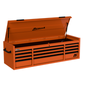 Homak 02072120 72" RS Pro 12-Drawer Top Chest with Power Strip, 24" Deep - Competition Orange angle view, till open