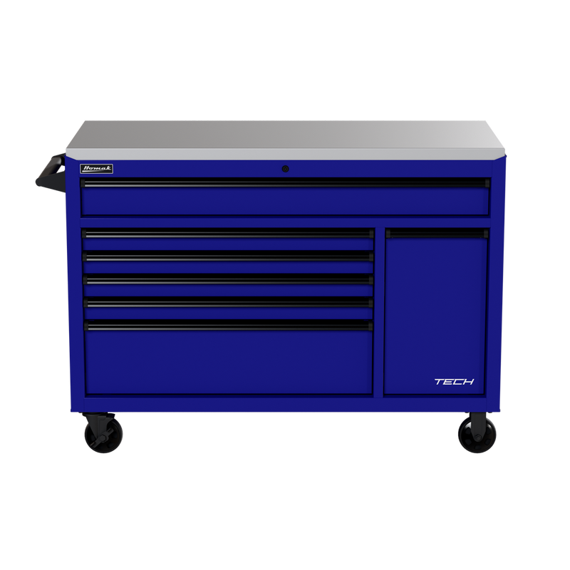 Homak 04054070 54" TECH Roller Cabinet with Power Tool Drawer and Stainless Top - Rally Sport Blue front view