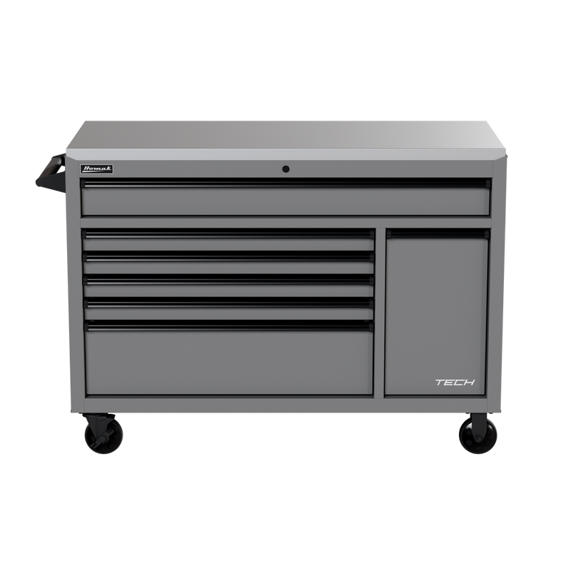 Homak 04054070 54" TECH Roller Cabinet with Power Tool Drawer and Stainless Top - Battleship Gray front view