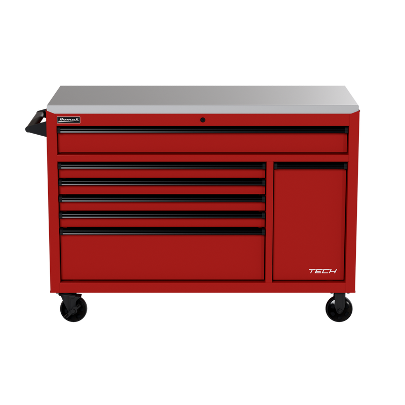 Homak 04054070 54" TECH Roller Cabinet with Power Tool Drawer and Stainless Top - Fury Red front view