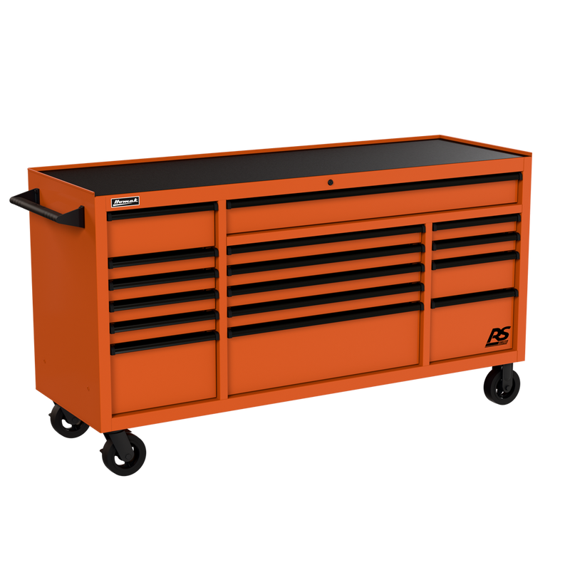 Homak 04072160 72" RS Pro 16-Drawer Roller Cabinet, 24" Deep - Competition Orange angle view
