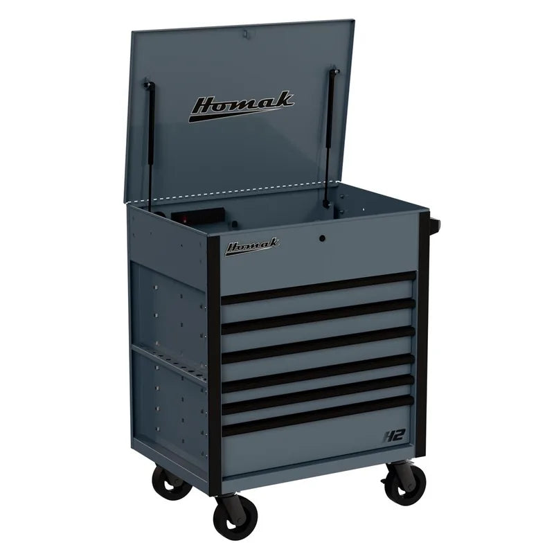 Homak 06342406 6 Drawer Flip Top Power Service Cart with 125/250 lb Drawers - Gray angle view