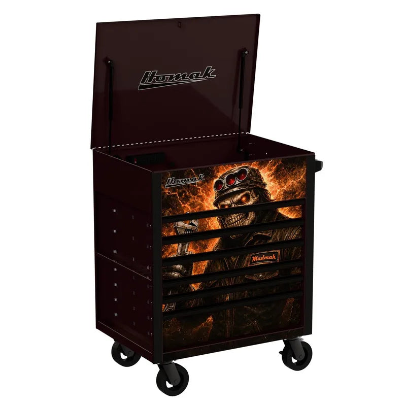 Homak 06342406 6 Drawer Flip Top Power Service Cart with 125/250 lb Drawers - Mad MAK Graphic angle view