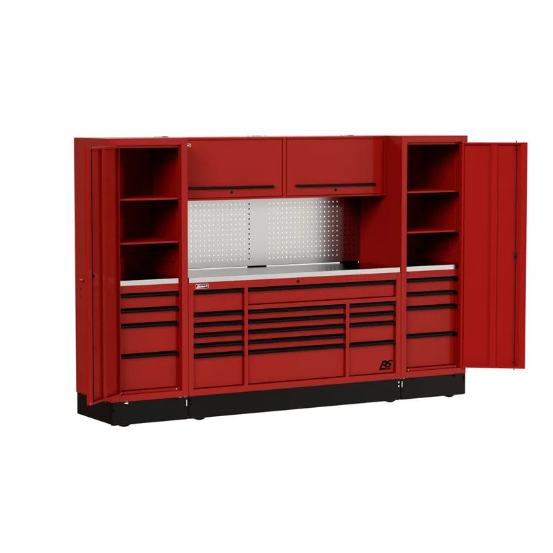 Homak CTS12002 120" RS Pro CTS Roller Cabinet and Side Locker Combo with Toolboard Backsplash - Fury Red angle view