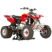 Black Widow Hydraulic Motorcycle & ATV Jack with ATV on it front view
