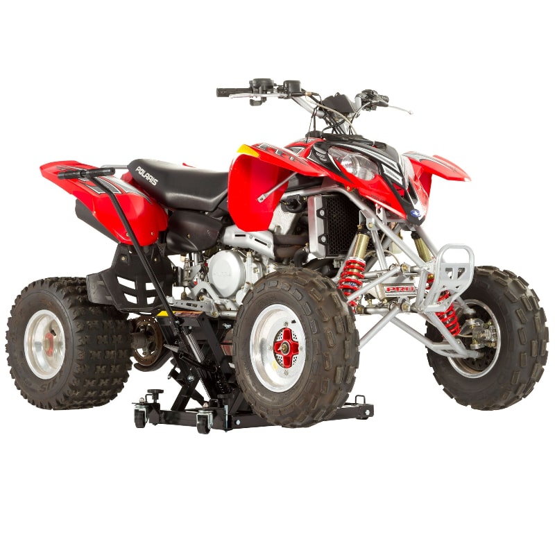 Black Widow Hydraulic Motorcycle & ATV Jack with ATV on it front view
