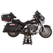 Black Widow Hydraulic Motorcycle & ATV Jack with motorcycle on it

