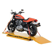 Vestil Hydraulic Motorcycle Lift 108"x35"x7" with 1100 lb Capacity with motorcycle in it