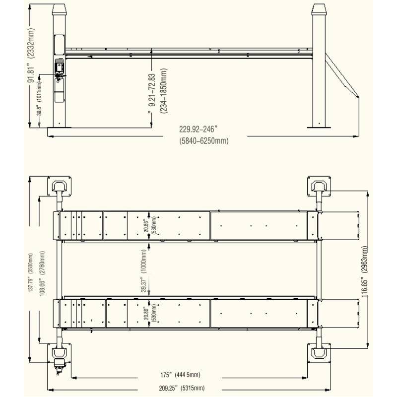 dimensions of the KATOOL KT-4H150 4-Post Alignment Lift 15,000 lb Capacity, Rolling Jack Included