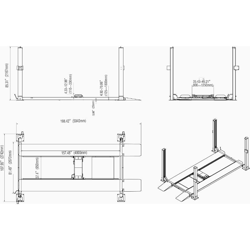 dimensions of the KATOOL KT-4H850 4-Post Car Lift 8,500 lb Capacity, Jack Tray, Drip Trays & Caster Kit Included 