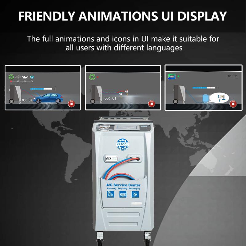 UI Display of the KATOOL KT-AC1800 Fully Automatic R-134A Recovery, Recycle & Recharge Machine – Premium Dual System for Fast, Professional AC Service
