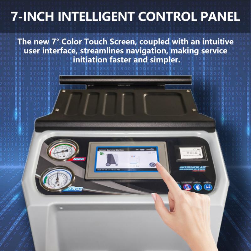 control panel of the KATOOL KT-AC1800 Fully Automatic R-134A Recovery, Recycle & Recharge Machine – Premium Dual System for Fast, Professional AC Service
