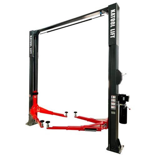 side view of the KATOOL KT-AS110D 2-Post Car Lift 11,000 lb Capacity, Asymmetric Arms, Single Lock Release
