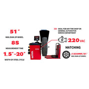 specs of the KATOOL KT-B795L Truck Wheel Balancer 150kg Capacity with Pneumatic Lift
