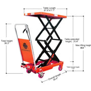 dimensions of the KATOOL KT-CT330 Hydraulic Lift Table Cart 330 lbs Manual Scissor Lift Table
