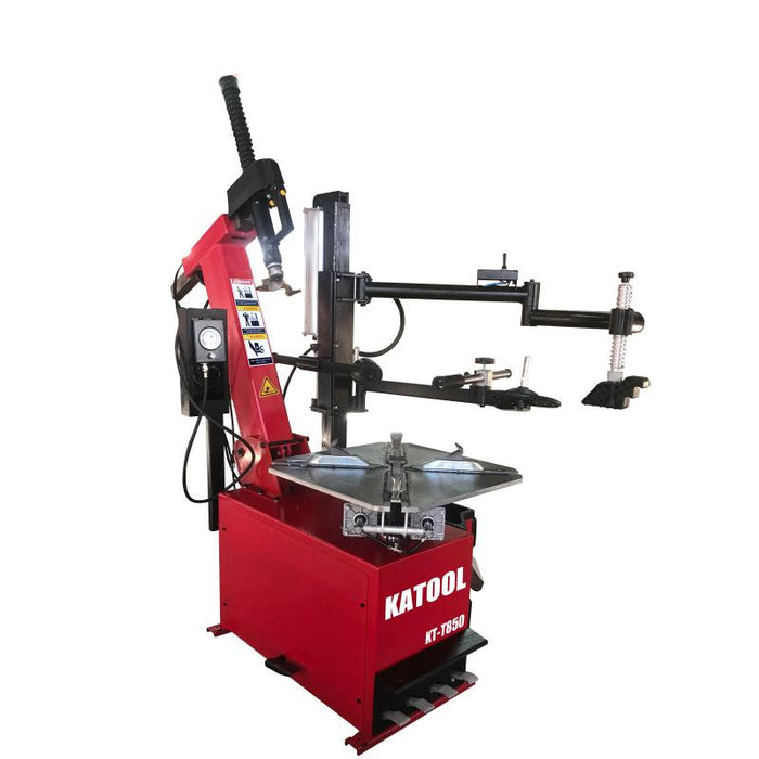 side view of the KATOOL KT-T850 Tilt-Arm Wheel Clamp Tire Changer Machine Professional Grade Durable 47" Capacity with Assist Arms and Bead Seater