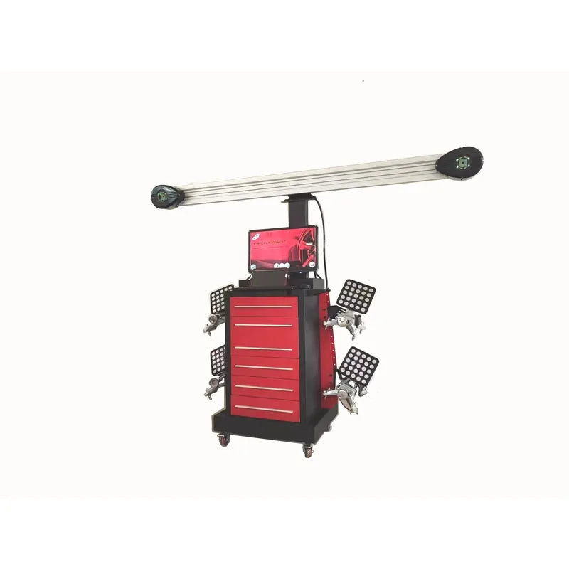 Katool KT-AV651 mobile 3D wheel aligner, front view with camera beam and cabinet