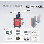 Katool KT-AV651 3D 4-wheel aligner overview with 3D camera, targets, camera cover, wheel clamps and turntables