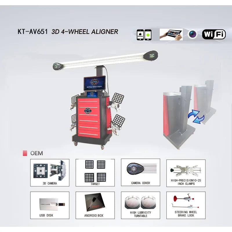 Katool KT-AV651 3D 4-wheel aligner overview with 3D camera, targets, camera cover, wheel clamps and turntables