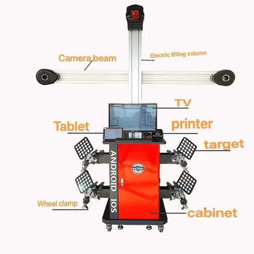 Katool AV9 Pro wheel aligner component layout: camera beam, electric lifting column, tablet, targets, wheel clamps and cabinet