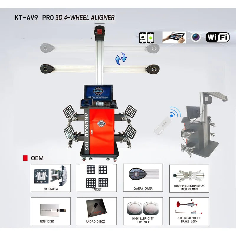Katool KT-AV9 Pro 3D 4-wheel aligner overview with 3D cameras, targets, turntables, wheel clamps and remote
