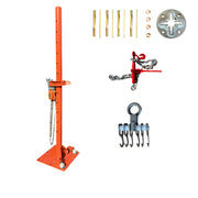 Katool Body Puller with chain in an industrial setting with chain attached with various attachments on a white background