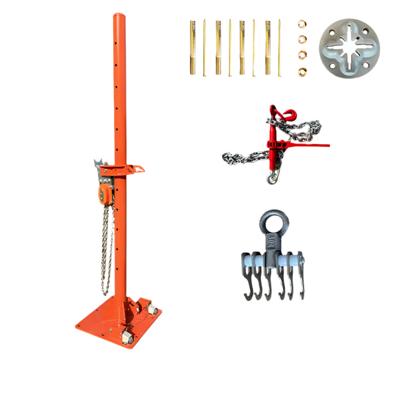 Katool Body Puller with chain in an industrial setting with chain attached with various attachments on a white background