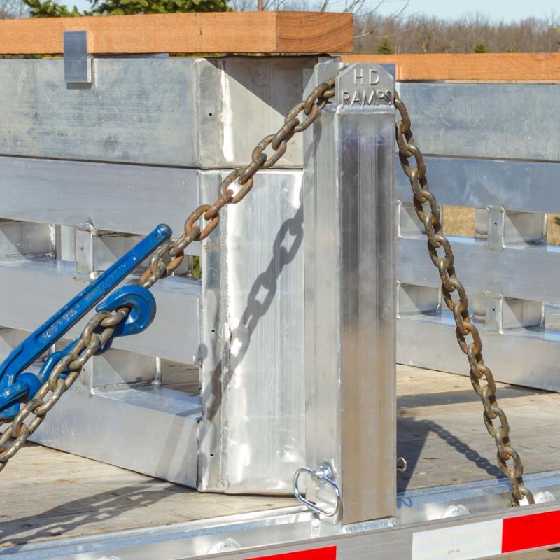 HD Ramps Load Leveler Stake Pocket Stakes 18-1/4" H for Step Deck Trailers in use stake pockets with chains on

