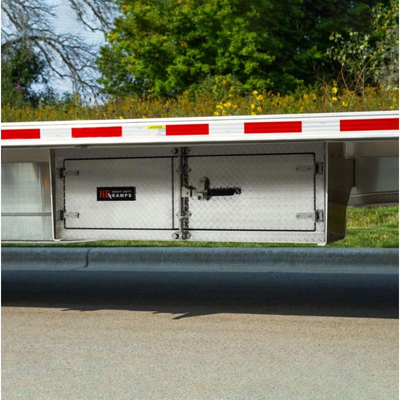 HD Ramps Lockable Diamond Plate Underbody Trailer Toolbox mounted on the trailer underbody
