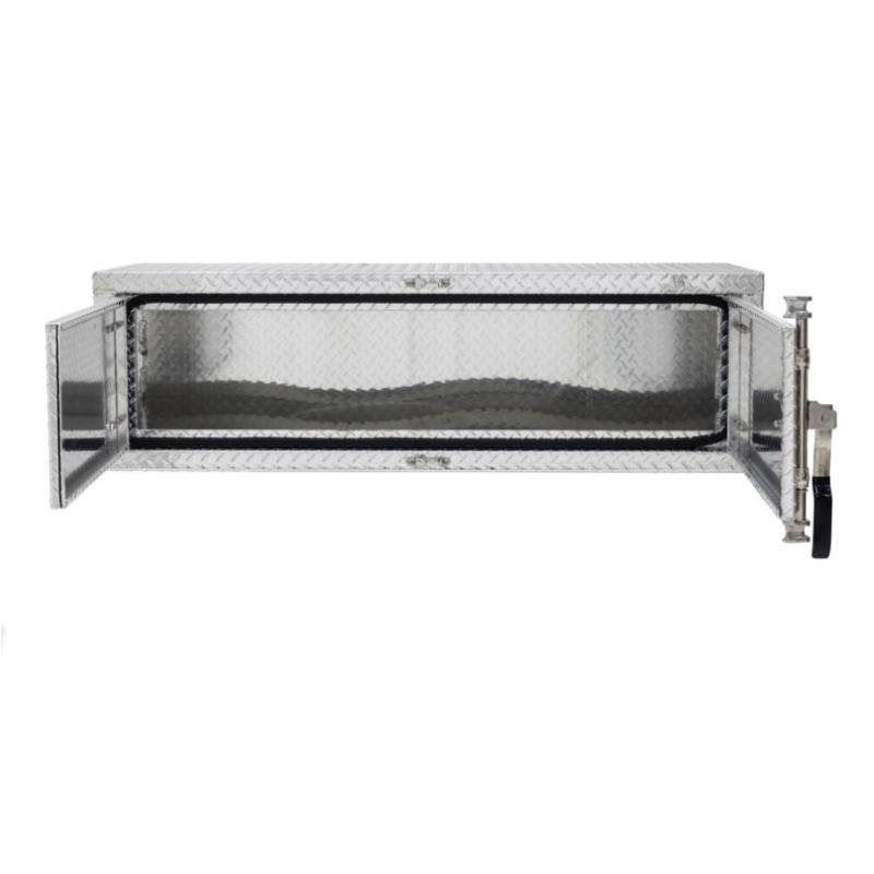 HD Ramps Lockable Diamond Plate Underbody Trailer Toolbox open 
