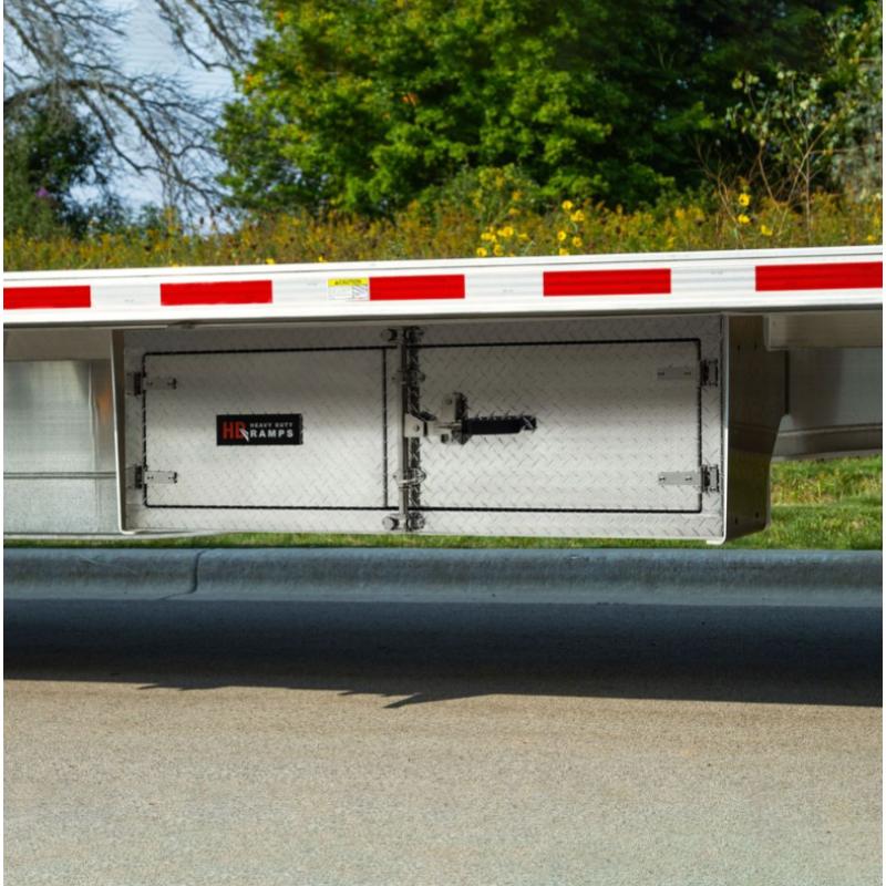 HD Ramps Lockable Diamond Plate Underbody Trailer Toolbox mounted on the trailer underbody
