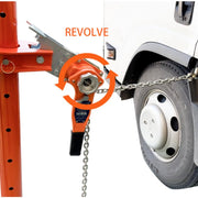 Orange Katool Auto Body Puller attached to a vehicle tire