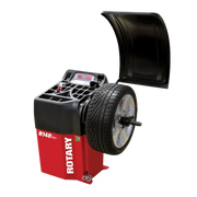 Rotary R148 Pro 2D wheel balancer with wheel mounted and hood up