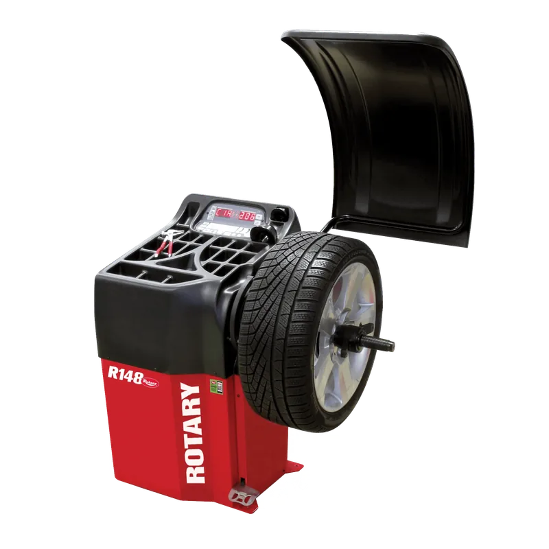 Rotary R148 Pro 2D wheel balancer with wheel mounted and hood up