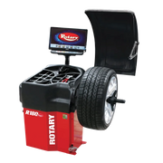 Rotary R180 Pro 3D automatic wheel balancer with wheel mounted and hood up