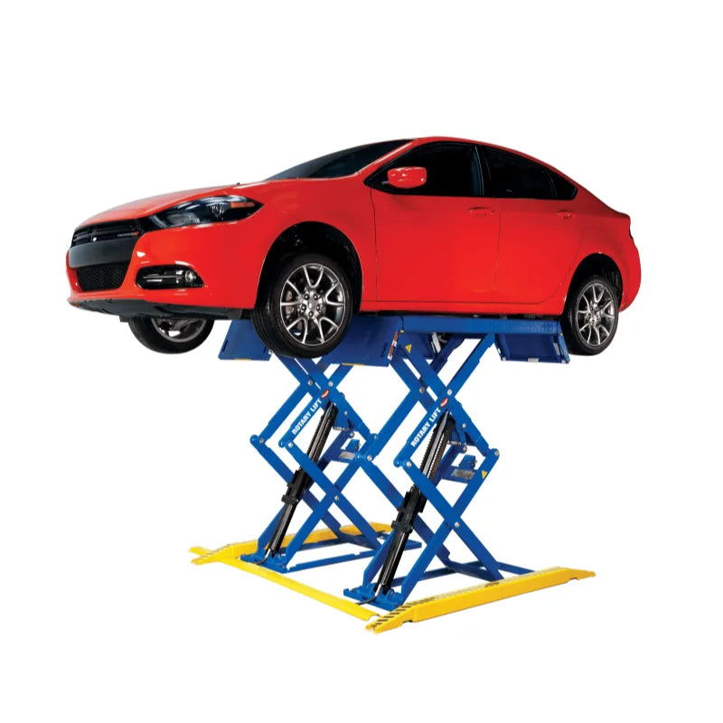 Rotary RLP77 low profile double scissor lift raised with car
