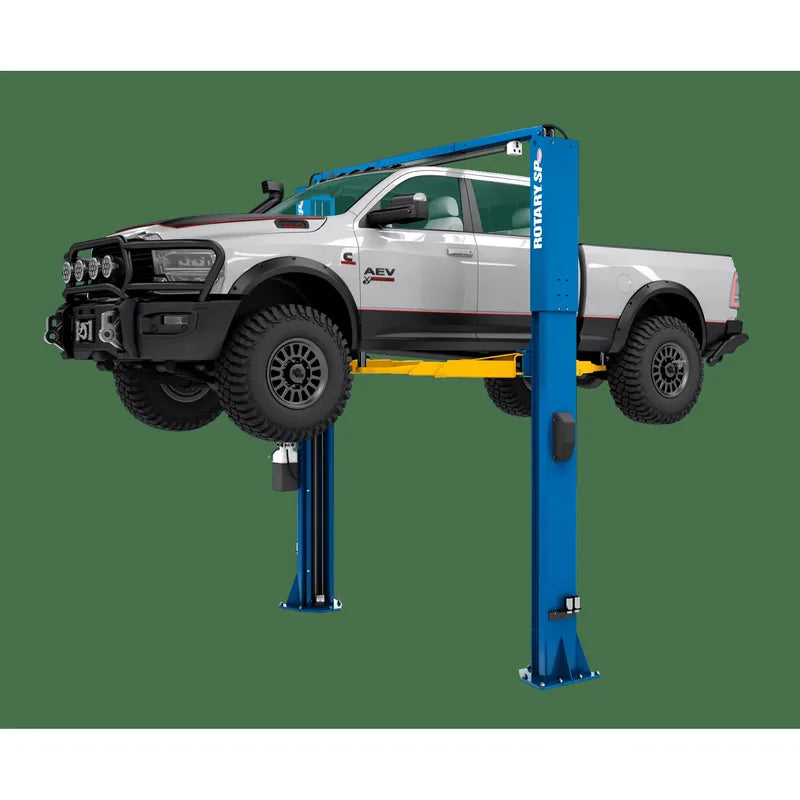 Rotary SPO12 symmetric 2-post lift with AV Arms lifting a pickup truck