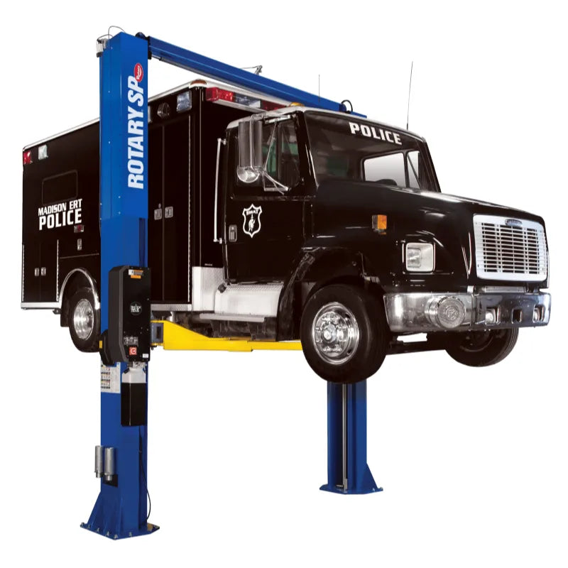 Rotary SPO20 heavy-duty symmetric two-post lift raised with van