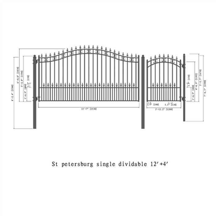 Aleko Steel Single Swing Driveway Gate - ST.LOUIS Style - 12 ft with Pedestrian Gate - 5 ft