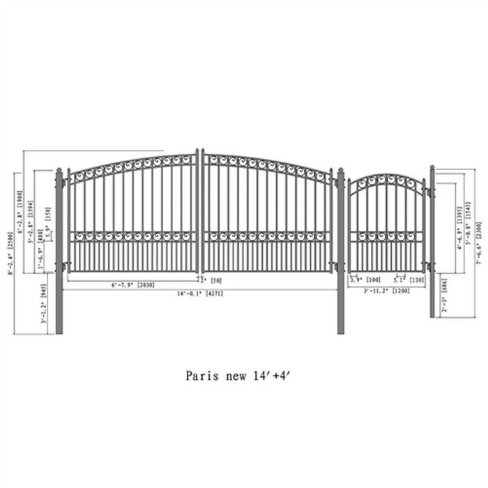 Aleko Steel Dual Swing Driveway Gate - PARIS Style - 14 ft with Pedestrian Gate - 5 ft