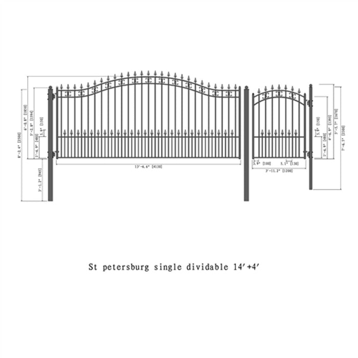 Aleko Steel Single Swing Driveway Gate - ST.LOUIS Style - 14 ft with Pedestrian Gate - 5 ft