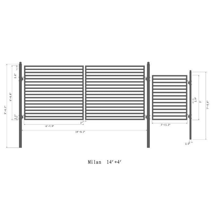 Aleko Steel Dual Swing Driveway Gate - MILAN Style - 14 ft with Pedestrian Gate - 5 ft