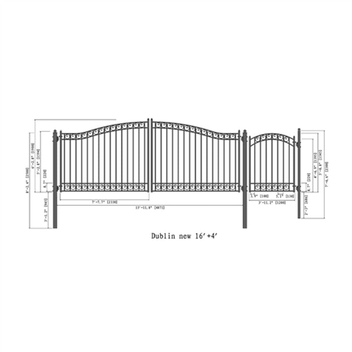 Aleko Steel Dual Swing Driveway Gate - DUBLIN Style - 16 ft with Pedestrian Gate - 5 ft
