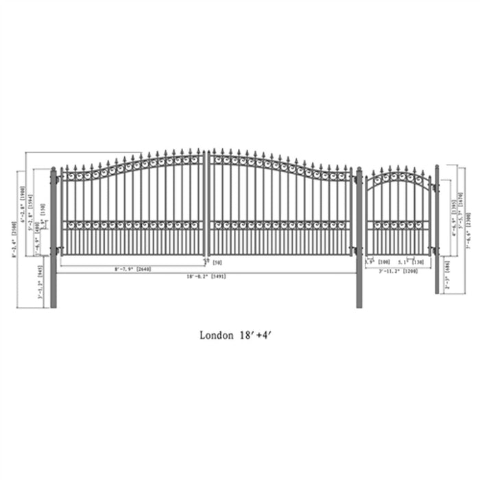 Aleko Steel Dual Swing Driveway Gate - LONDON Style - 18 ft with Pedestrian Gate - 5 ft