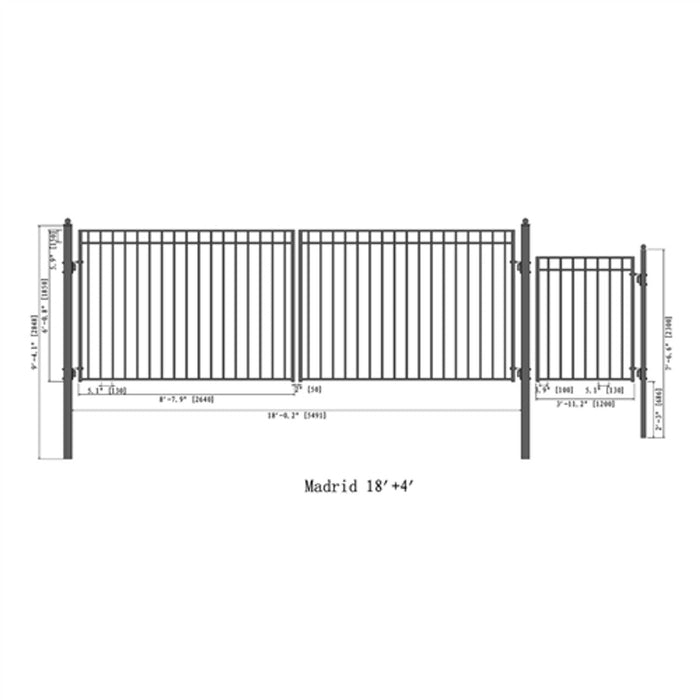 Aleko Steel Dual Swing Driveway Gate - MADRID Style - 18 ft with Pedestrian Gate - 5 ft