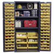 organized items with Vestil Storage Cabinet Steel/Plastic with 132 Yellow Bins 36 In. Width x 24 In. Depth x 72 In. Height Gray