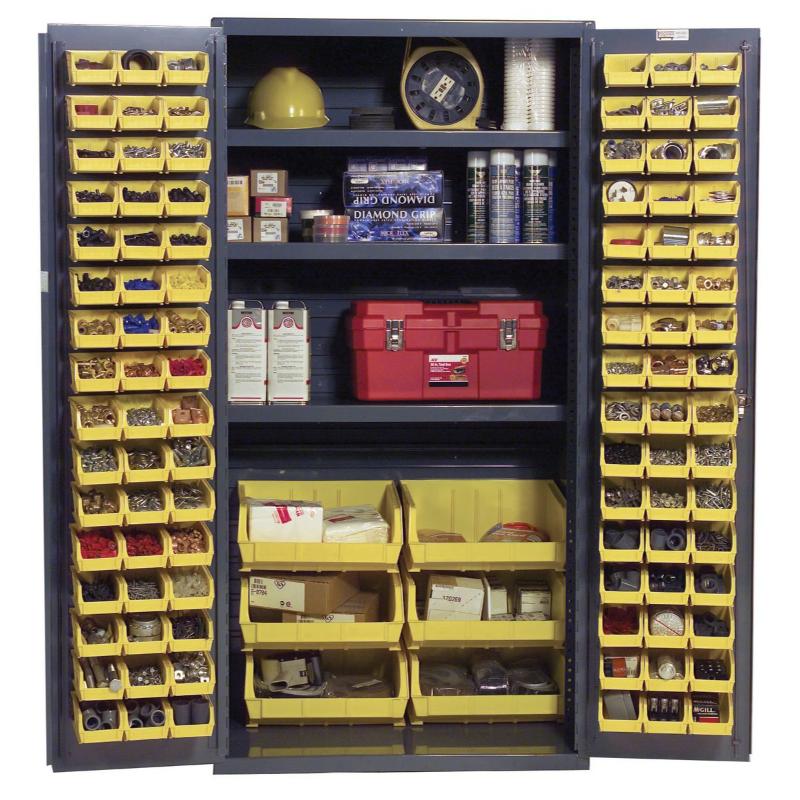 organized items with Vestil Storage Cabinet Steel/Plastic with 132 Yellow Bins 36 In. Width x 24 In. Depth x 72 In. Height Gray