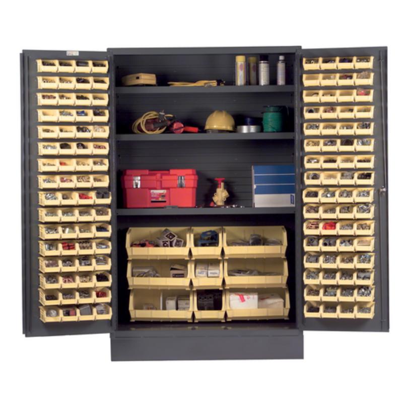 organized items with Vestil Storage Cabinet Steel/Plastic with 137 Yellow Bins 48 In. Width x 24 In. Depth x 78 In. Height Gray